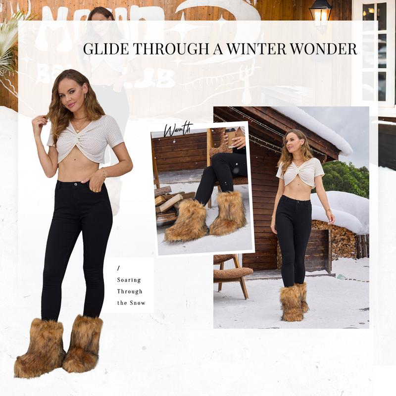 IUV Women's Fluffy Faux Furry Boots Snow Boots for Women Winter Round Toe Suede Mid-Calf Outdoor Indoor Flat Comfy Plush Warm Short Boots Y2K Fashion Non-Slip Sole Brown Black Pink White