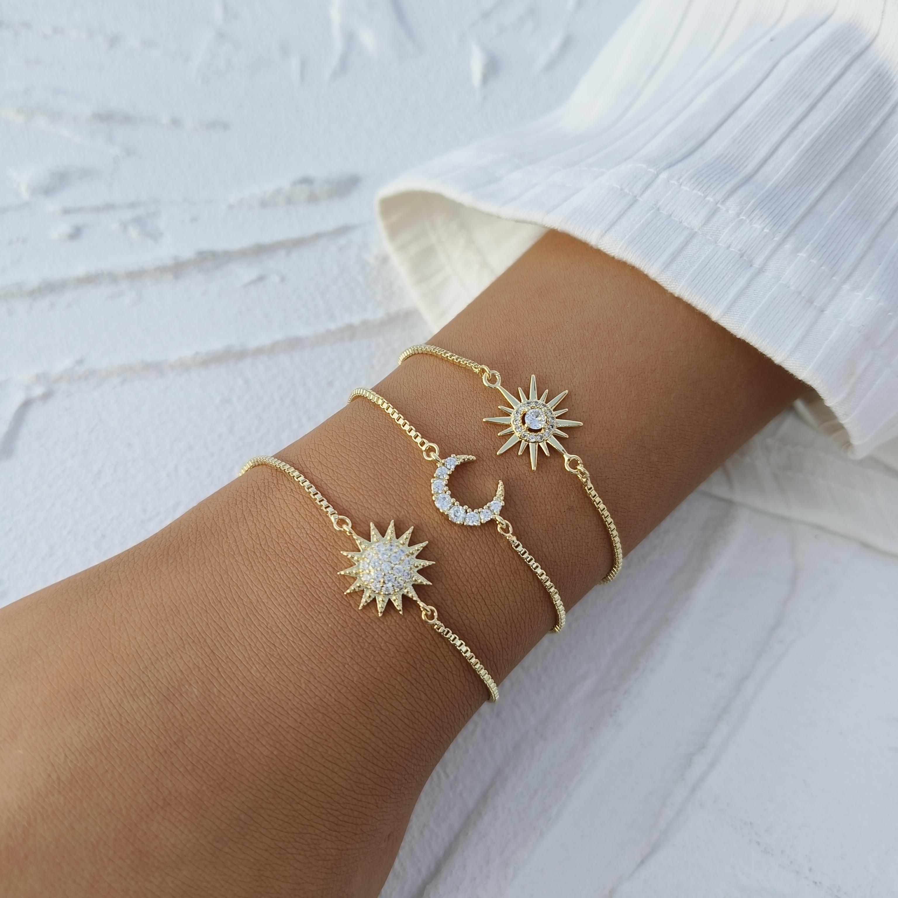 CAROVO Dainty Bracelets for Women, 14k Gold-Plated Layered Charms Bracelet Herringbone Satellite Beads Box Rope CZ Bracelet Adjustable Cuba Link Chain Bracelet Set Jewelry Gifts