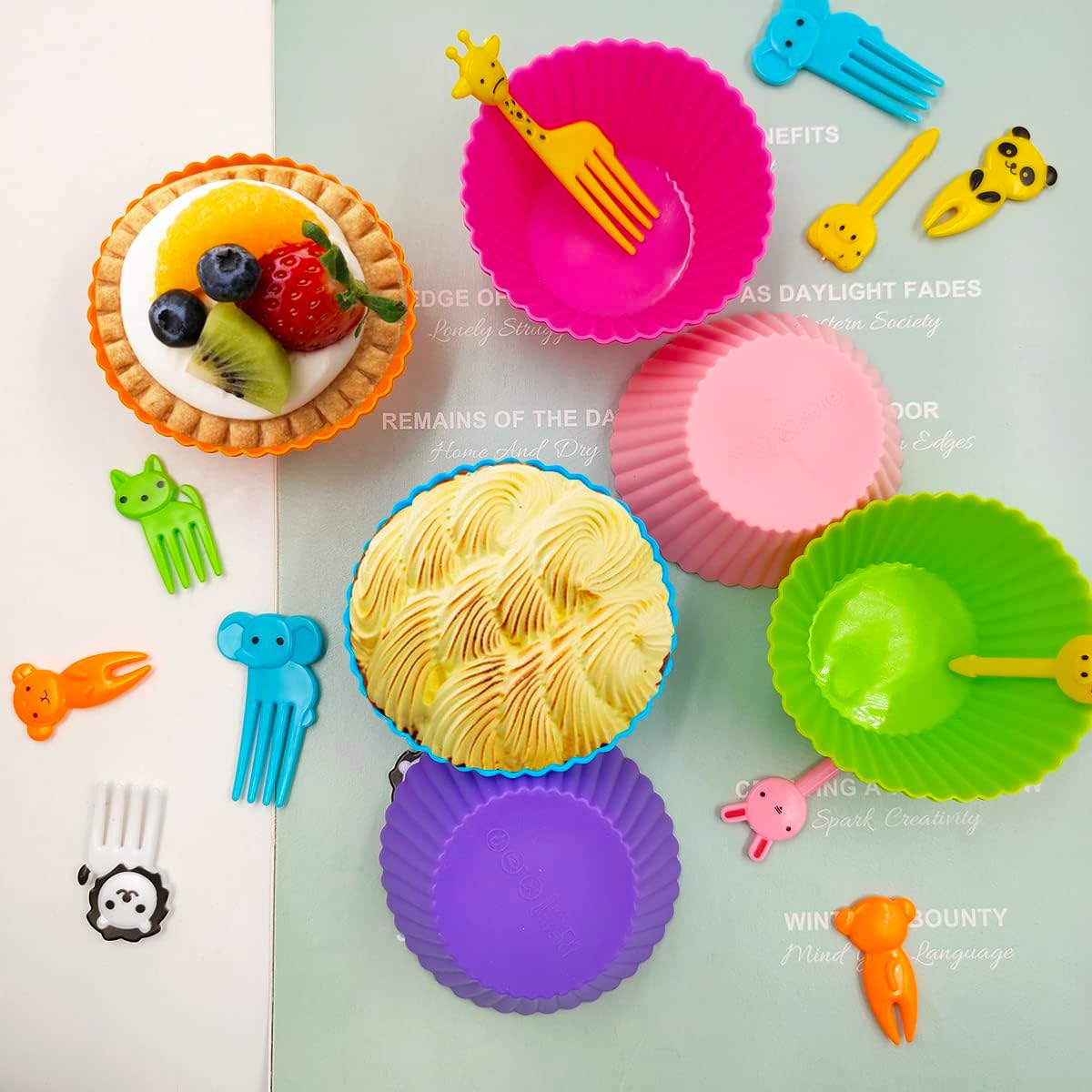 52- Bento Box Accessories Kit - 12   Cupcake Liners & 40  Picks for  Lunch Box, Microwave Safe Baking Cups with  Fruit Picks (School, Party, Picnic)