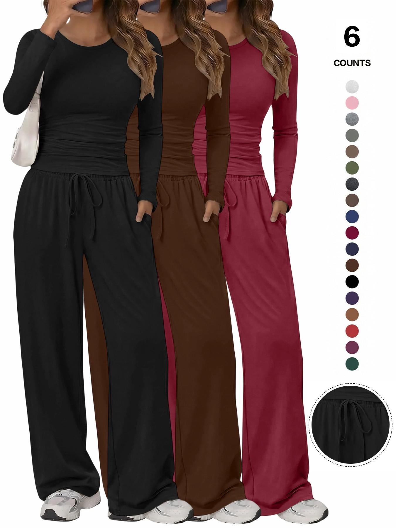 Women's Solid Ruched Drawstring Loungewear Set, Casual Long Sleeve Round Neck Top & Pocket Wide Leg Trousers, Ladies Sleepwear for All Seasons