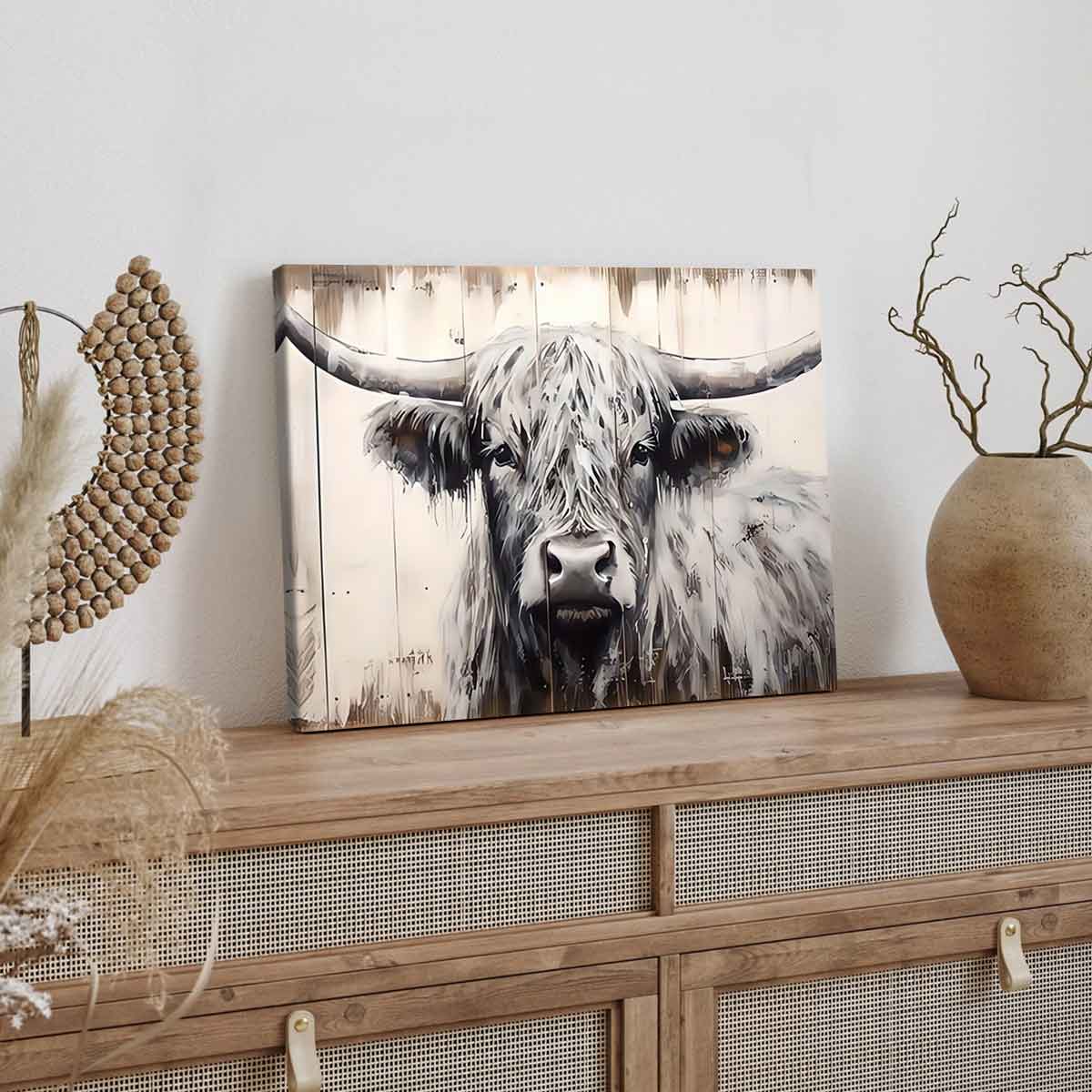 Vintage Highland Cow Canvas Print, Solid Wood Frame, Modern Art Decor, Waterproof & High-Definition, Ideal Gift for Home Office Wall