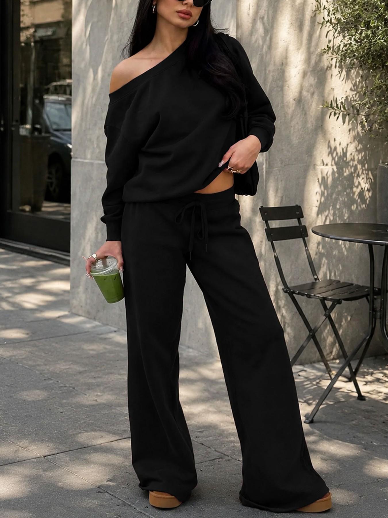 Casual Two-Piece Set, Long Sleeve Asymmetrical Top + High-Waist Drawstring Wide-Leg Pants, Slimming Loose Fit for Women