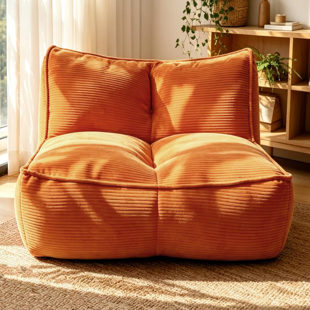 Modern Togo Caterpillar 1-Person Casual Rectangle Mini Sofa for Adults, 35.00x40.00x28.00 inches (35x40x28"), Corduroy Fabric, 40 lbs Slouchy Lazy Couch, No Assembly Required, Cozy Living Room-Bedroom Sofa, Orange, 30 Days for Quality Issues