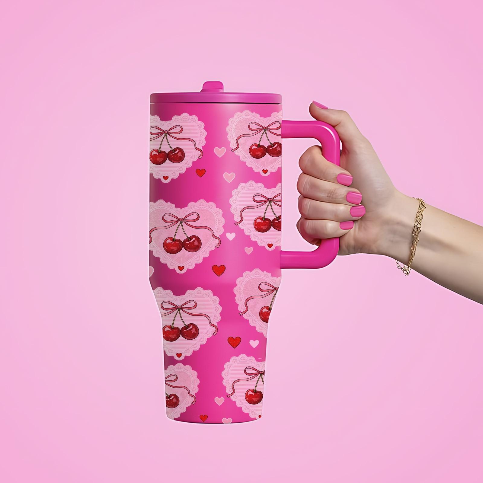 1 Pc 40oz Double Layer Insulated Mug, Tumbler, Vintage Cherry Bow Pattern Thermal Mug, Double Wall Vacuum Mug with Straw Lid and Handle, Keeps Hot 12 Hours, Cold 24 Hours, Large Capacity Car Cup for Hot Cold Drinks, Gift for Women Holiday Daily Use