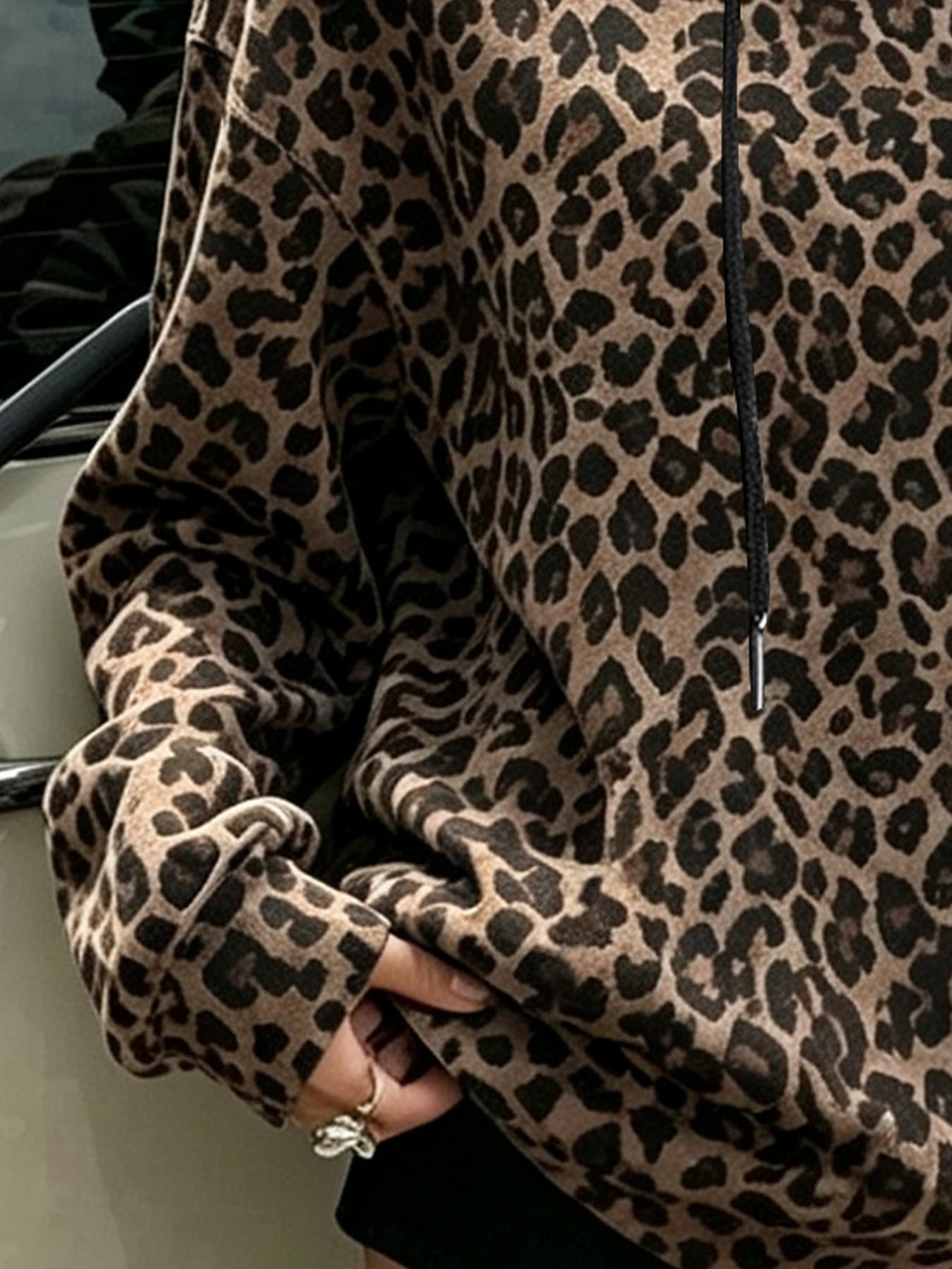 Women's Leopard Print Drawstring Hoodie, Casual Long Sleeve Sweatshirt, Loose-Fitting Striped Design, Fall Winter Fashion Top, Casual Cozy Sweatshirt