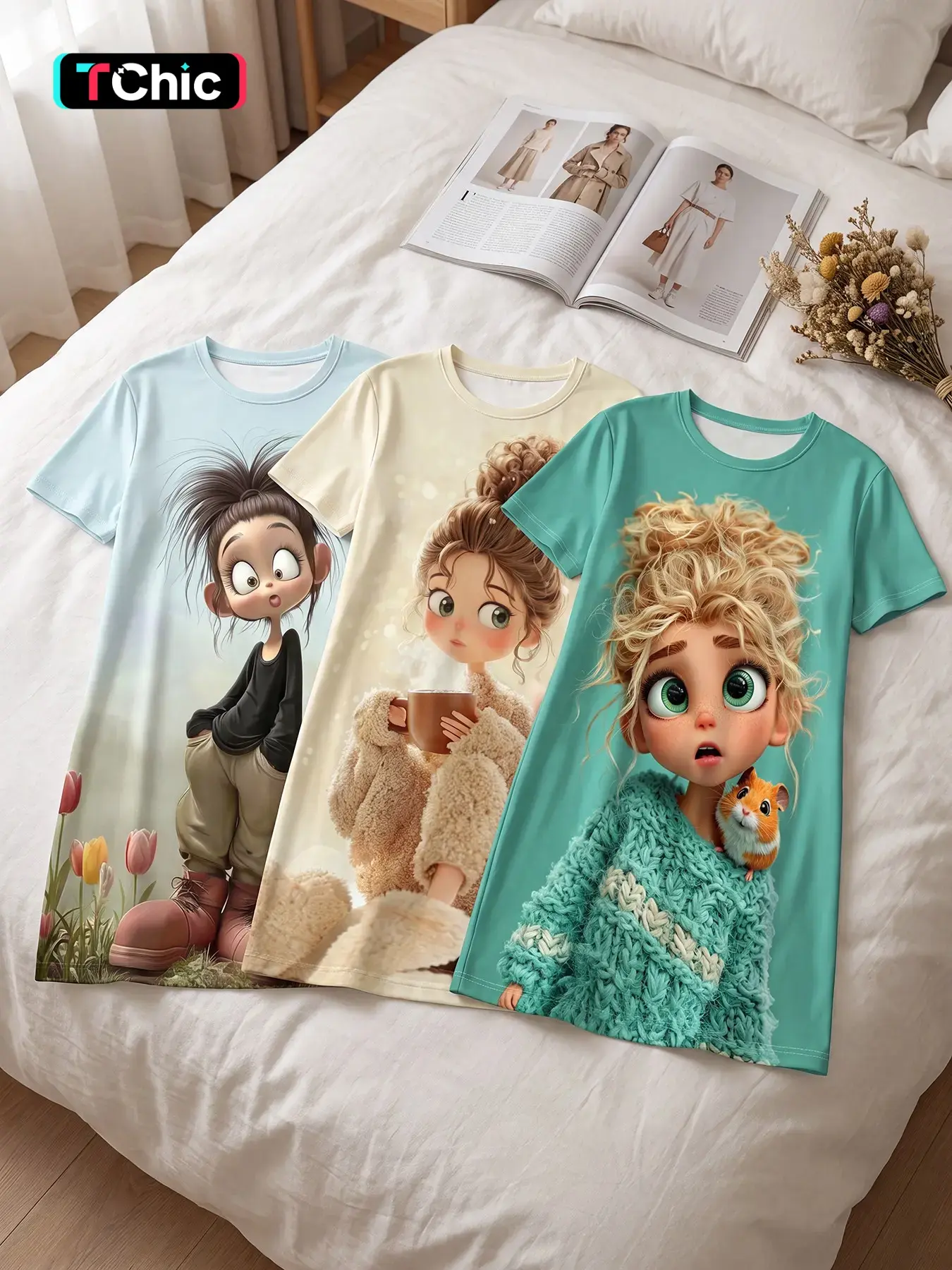 Women's 3 Pack Crew Neck Short Sleeve Sleep Dress, All Season Wear, Lazy Home Cartoon Girl Multi-color Print, Relax Comfort Style, All-season Cozy Nightgown