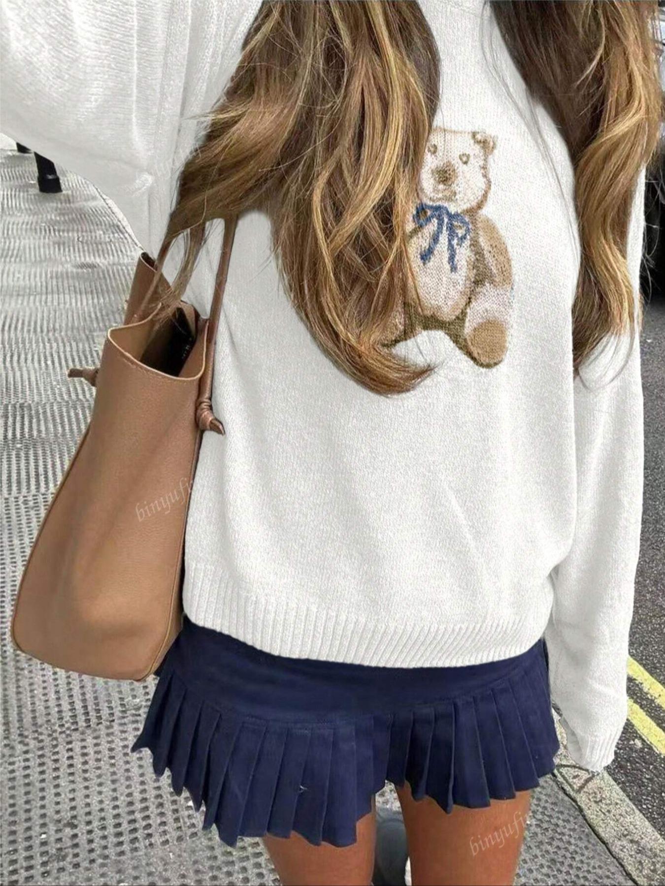 New Women's Fall Winter Sweater, Long Sleeve Round Neck Casual Bear Animal Print Knit Top, Ladies Fashion Pullover Knitwear