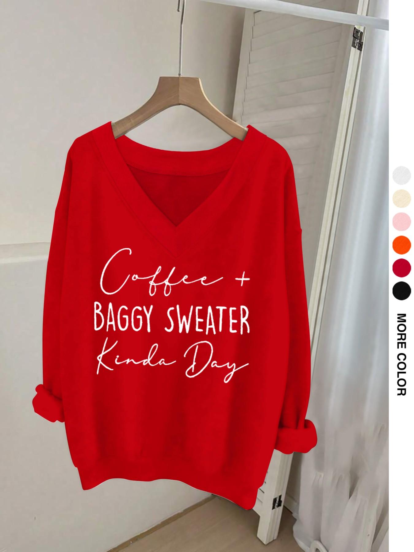 Casual Women's Long Sleeve V Neck Sweatshirt with Fun Letter Print, Elegant Ribbed Hem Fashion for All Seasons, Perfect for Fall and Winter, Lady Womenswear