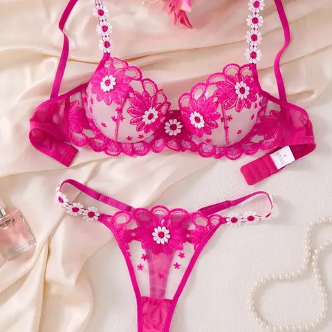 Women's Sexy Bra Set, Underwear Sets, Adjustable Straps, Embroidered Design, Semi-Transparent, All Seasons, Romantic Gift