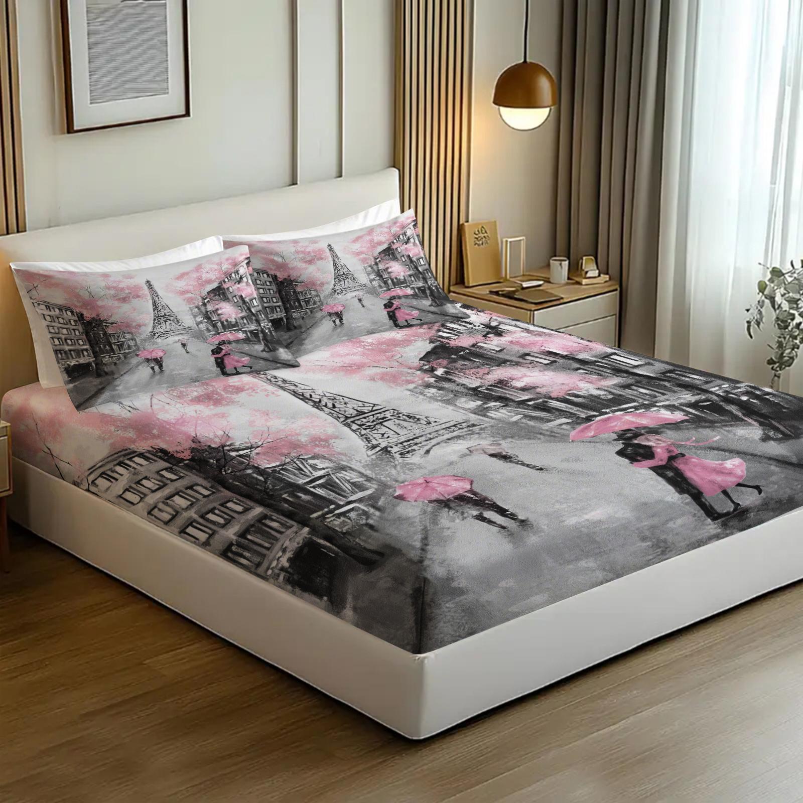 Paris Tower Print Bed Sheet Set, Comfortable Printed Pattern, Includes 1 Fitted Sheet & 2 Pillowcases, Anti-Slip Dustproof Cover