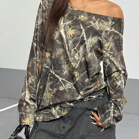 Women's Camo Print Off Shoulder Tee, Casual Tree Print Long Sleeve T-shirt for Daily Wear, Ladies Clothes for All Seasons, Fashion Casual Wear