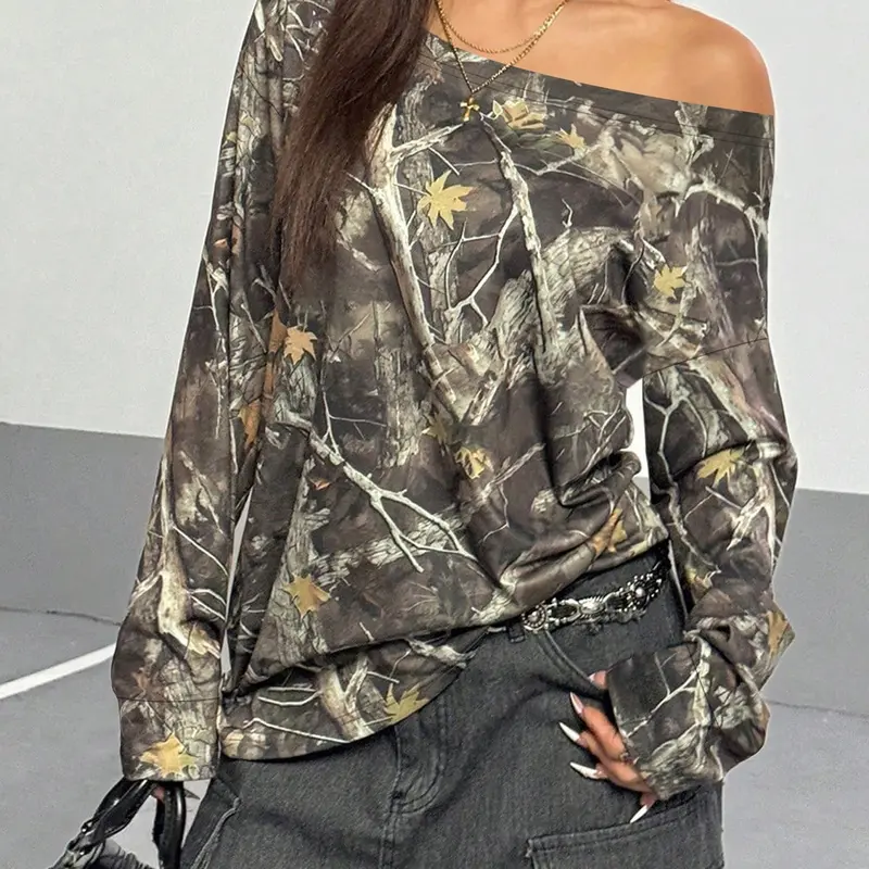 Women's Camo Print Off Shoulder Tee, Casual Tree Print Long Sleeve T-shirt for Daily Wear, Ladies Clothes for All Seasons, Fashion Casual Wear