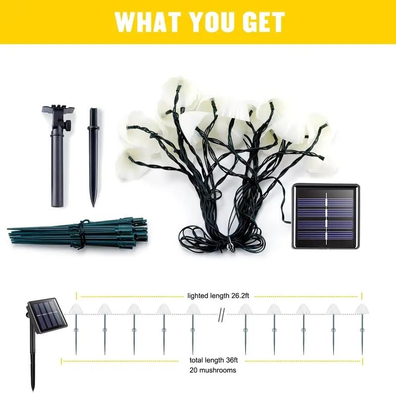 Solar Mushroom Lights for Outside, 20 LED 36ft Solar String Lights, Waterproof, 8 Modes, Garden Patio Yard Decor, Outdoor Pathway Lights