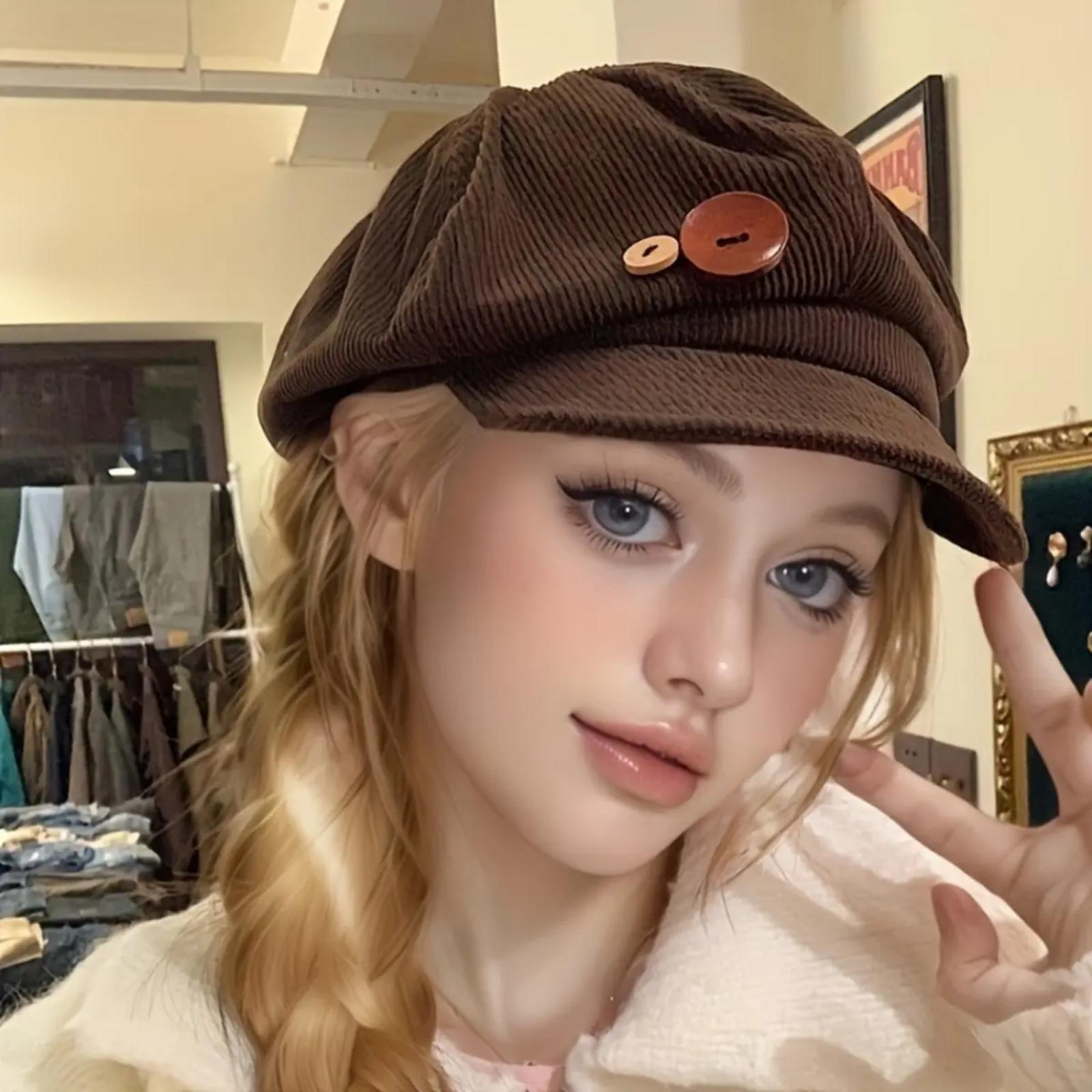 Unisex Vintage Octagonal Beret - Japanese Style Button-Top Baker Boy Newsboy Cap, Soft Flannel Artist Hat, Lightweight Comfortable Fall Streetwear Hat for Women, Travel & Photoshoot Outfits, Hats For Women