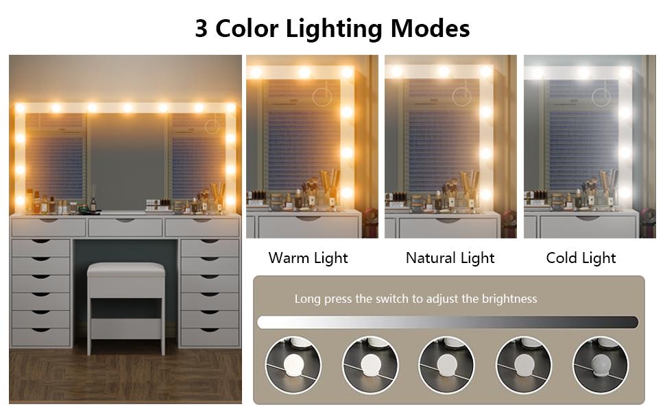 FUSOU 55“W 15 Drawers Vanity Desk with Power Outlet【Shipping By 2 Packages】Makeup Table with Mirror and LED Lights, 3 Color Lighting Modes, Vanity Table with Chair for Bedroom