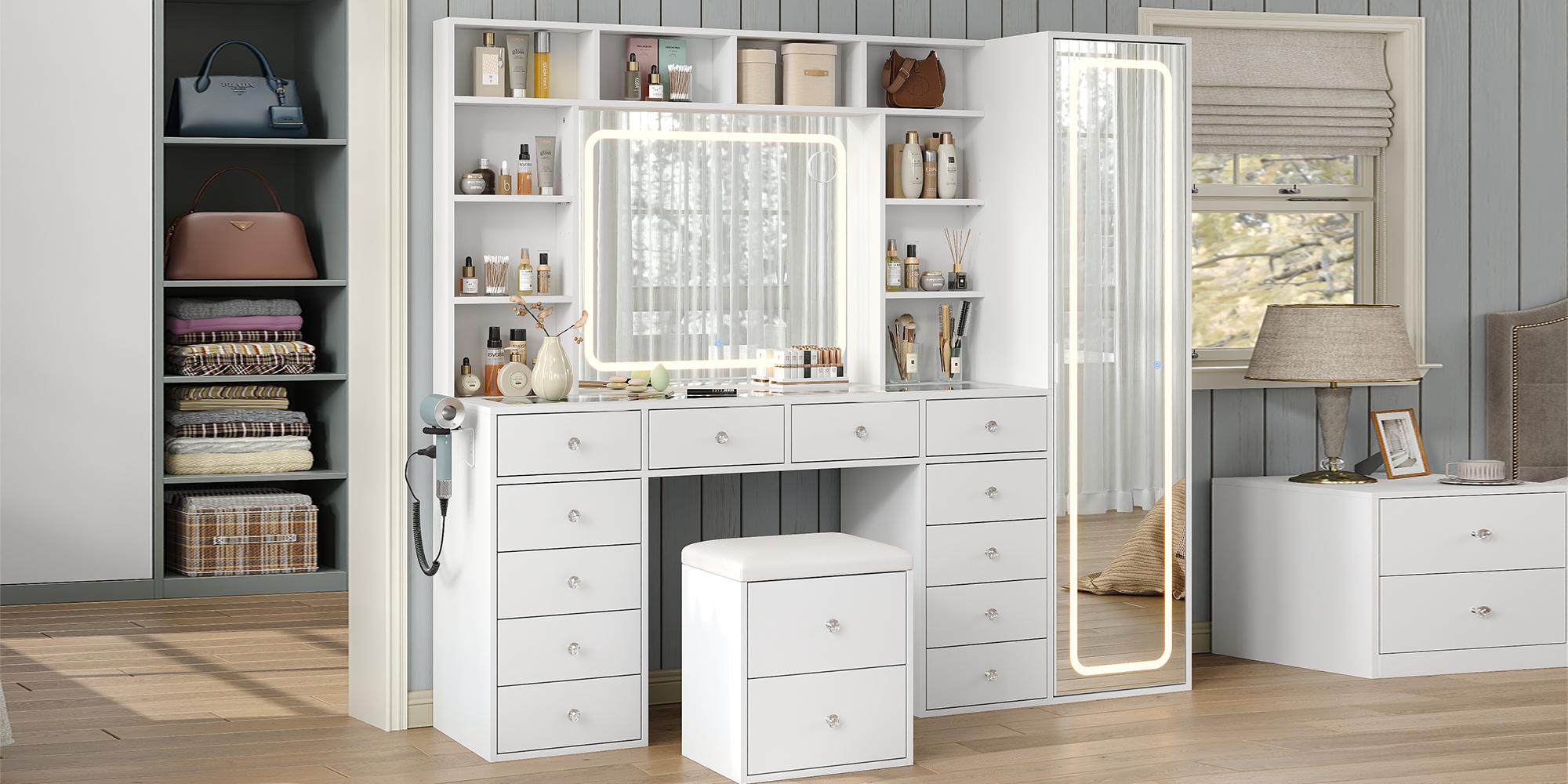 [Shipping by 3 Packages] FUSOU 2-in-1 Vanity Desk Full Length Mirror & LED Mirror with Power Outlet, Makeup Vanity 14 Drawers & 10 Shelves, Hidden Storage Capacity, Dimmable & 3 Color Lighting Dressing Table for Bedroom, White,Shipping by 3 Packages