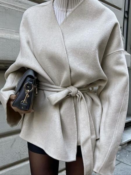 Women's Casual Fashion Long Sleeve Lace-Up Jacket, Plain Woven Fabric, Fitted Design, Fall & Winter Daily Wear Outerwear Coat, Womenswear