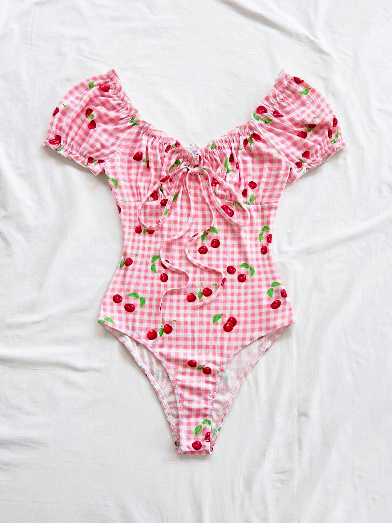 Sweet Spicy Cherry Plaid Romper, Bubble Sleeve V Neck Tie Waist Slim Fit Top, Single Piece, Chic Stylish and Comfortable Clothing