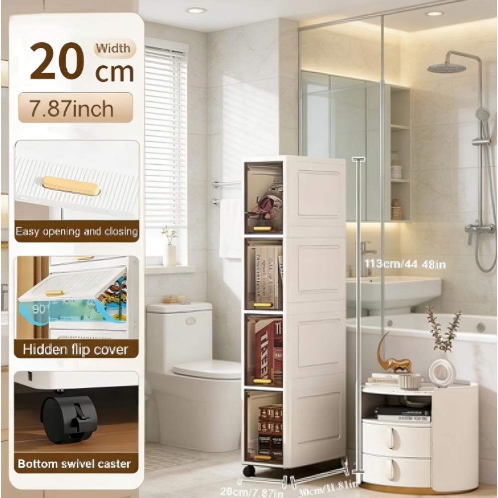 Multi-layer tall and narrow bathroom storage cabinet, portable toiletries storage cabinet with wheels, space-saving stackable storage containers, flip-top transparent cabinet door design, narrow storage unit, for small spaces