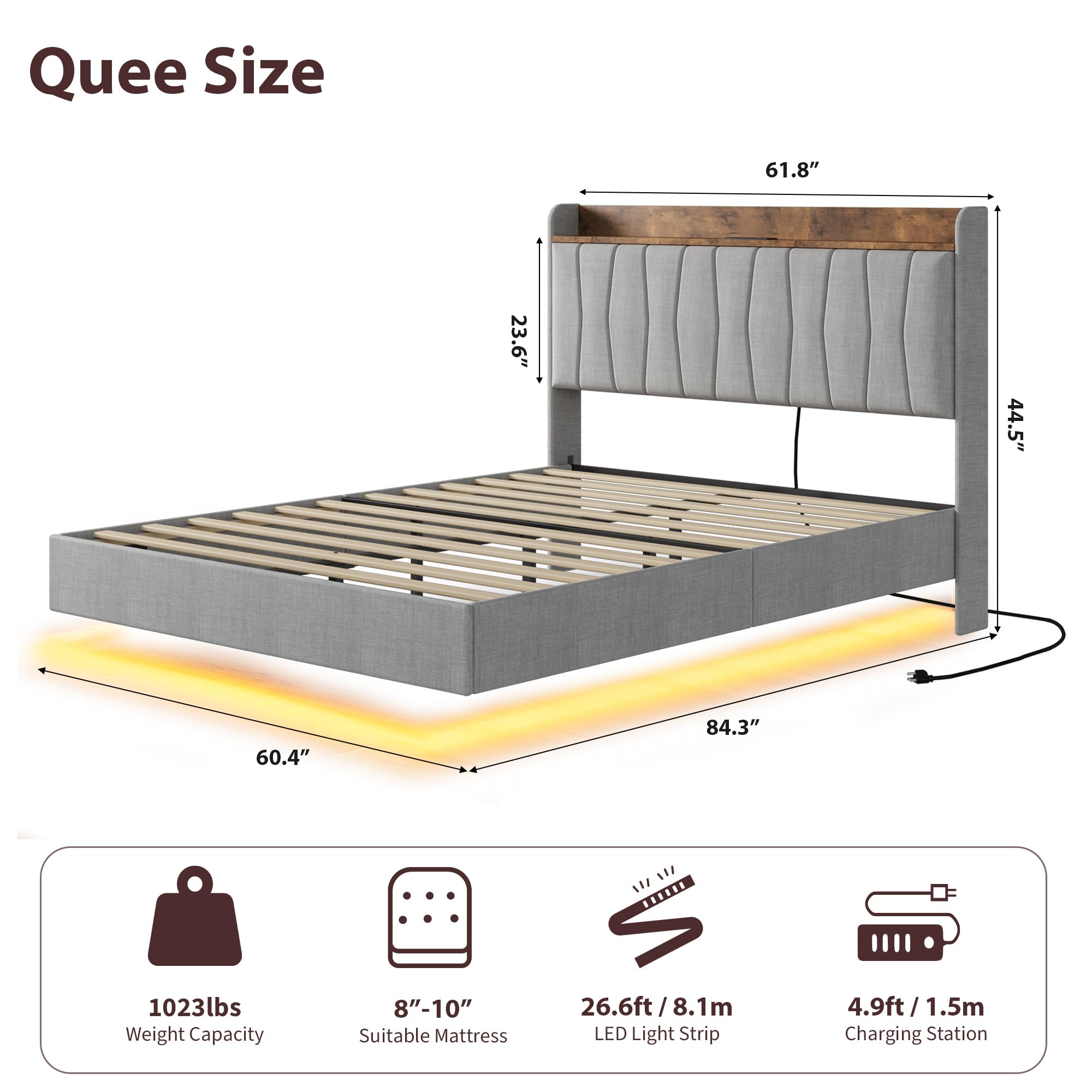 Floating Bed Frame with LED Lights & Charging Station, Upholstered Platform Bed with Storage Headboard, Wood Slats Support, No Box Spring Needed, Easy to Assemble