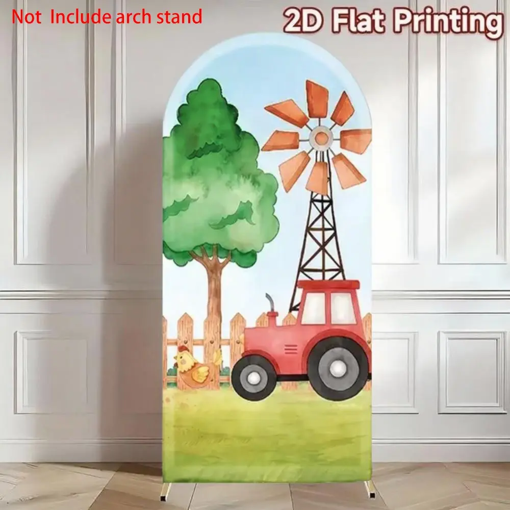 Farm Barn Arch Cover Backdrop with Tractor and Windmill Photography Background for Wedding, Birthday Party, Baby Shower, Flat Backdrop