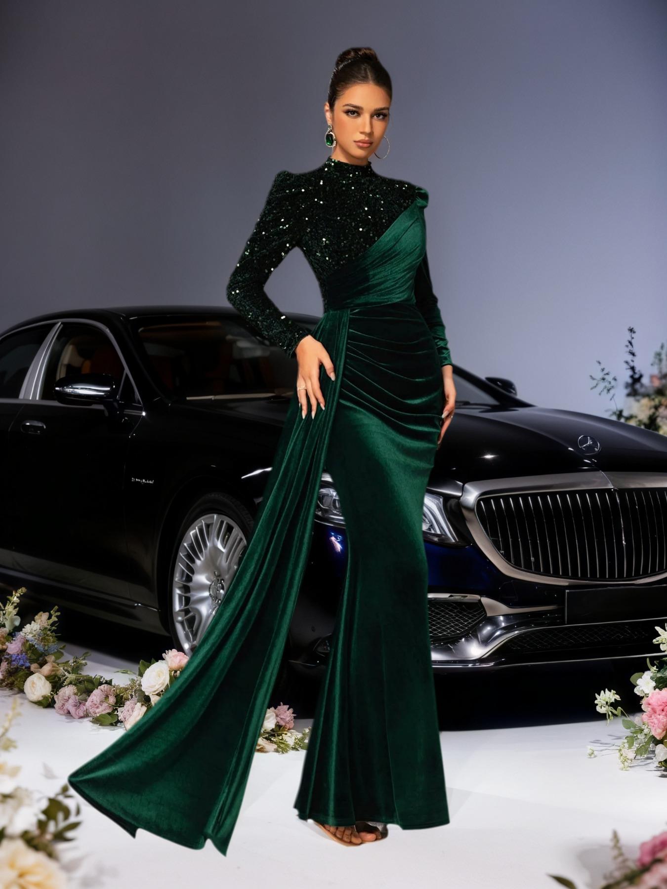 Elegant Velvet Mermaid Tail Long Dress, Sequined Embroidery, Luxury Evening Gown for Celebrations, Weddings & Cannes Parties