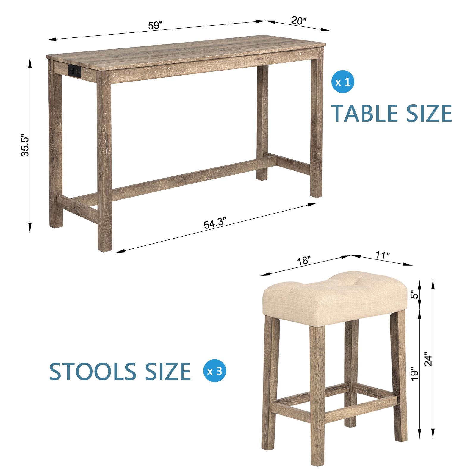 [Bellemave]4-Piece Bar Table Set with Power Outlet, Dining Bar Table and Chairs Set,Bar Table Set with 3 Padded Stools for Living Room, Dining Room, Game Room, Brown    RR
