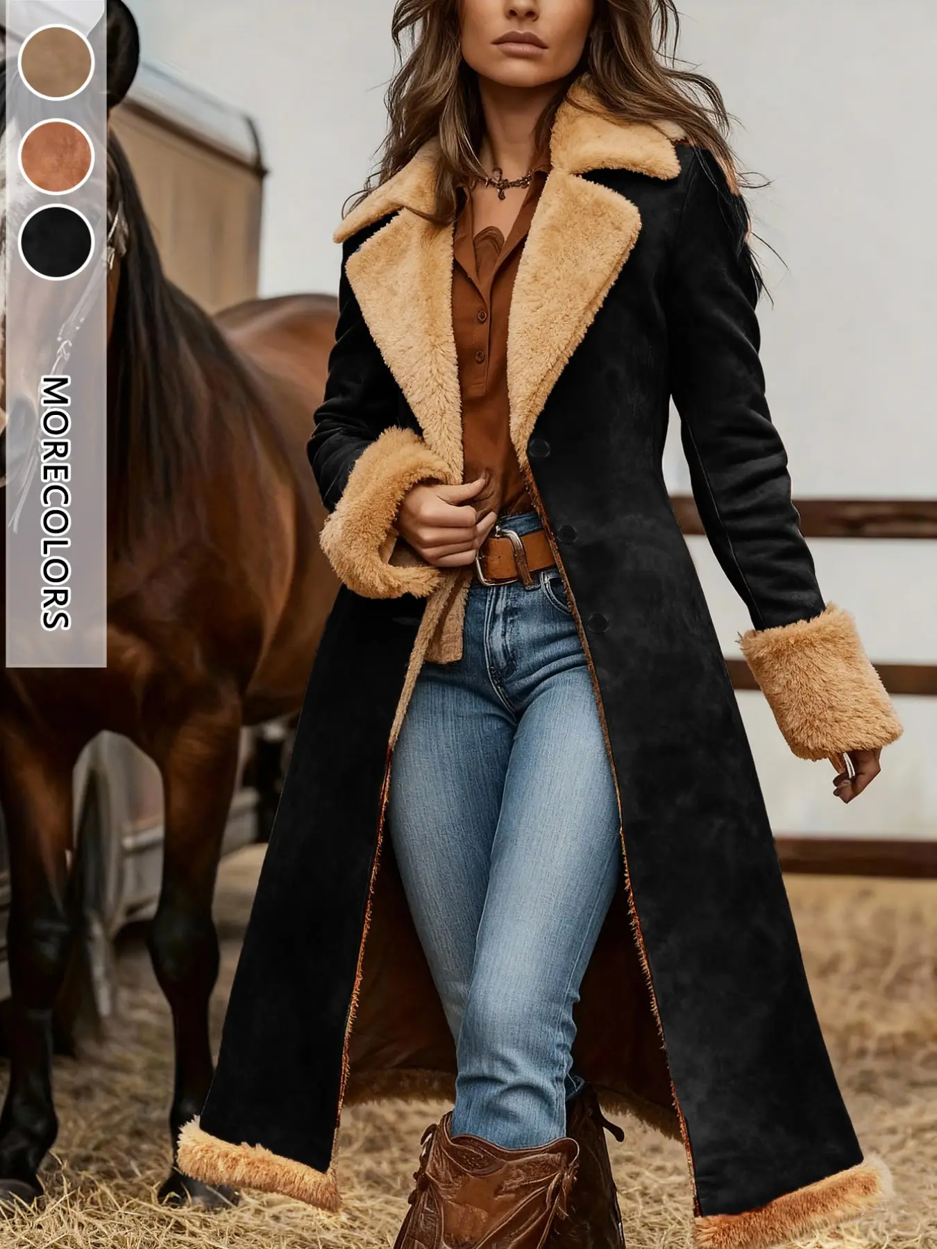 New Women's Lapel Collared Faux Suede Long Coat, Thickened Lamb Fur Patchwork, Western Vintage Fringe Over-Knee Jacket, Fall Winter Warm Open Front Blazer