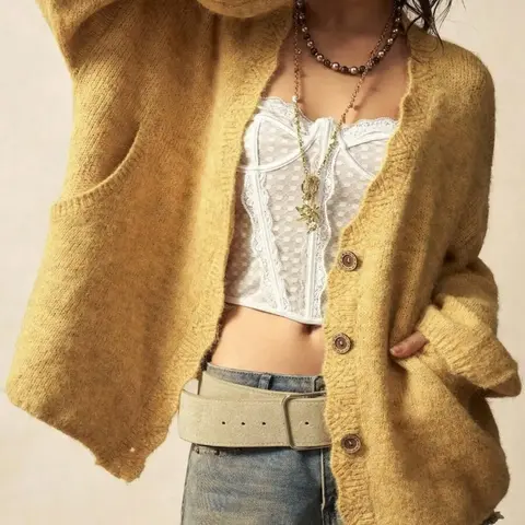 Women's Button Front Deep V Neck Long Sleeve Knit Cardigan, Autumn Winter Loose Fit Casual Solid Color Fuzzy Stylish Boho Street Soft Cozy Fashion Knitted Sweater Cardigan with Pockets, Daily Wear Fashion Outerwear, Fall Cardigan for Women