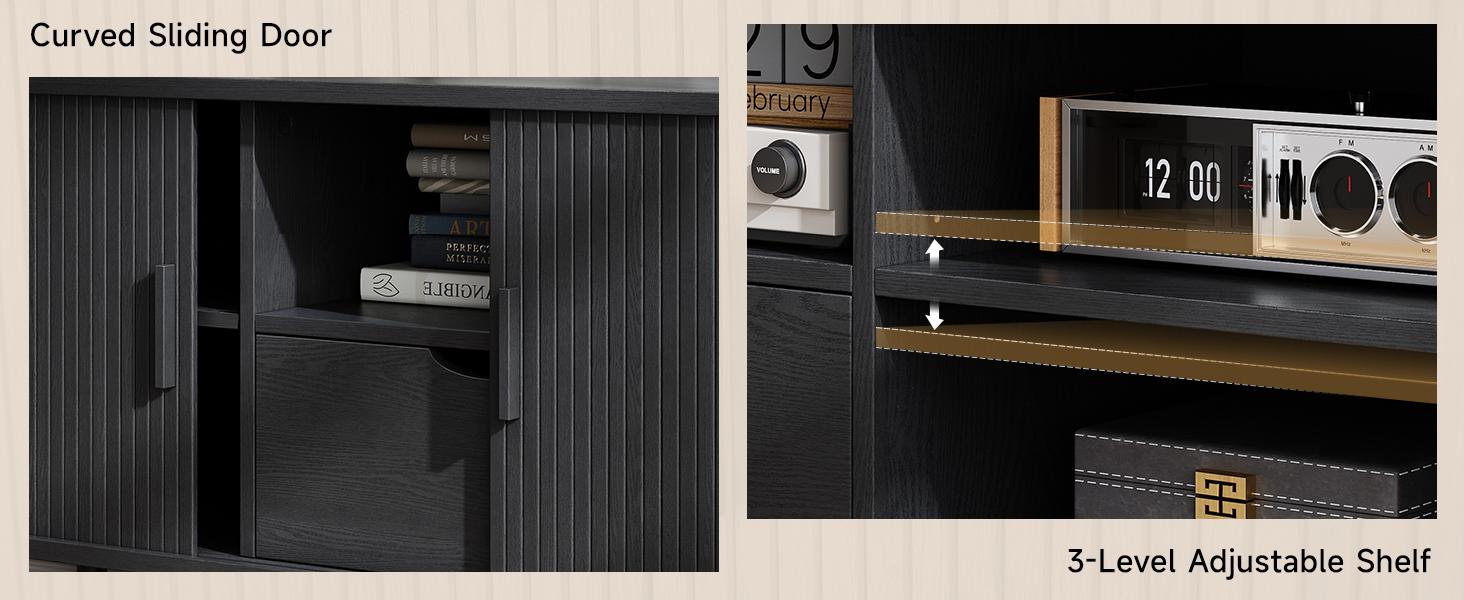 【SPOTLIGHT DAY】ONBRILL 55"/63" Fluted TV Stand with Power Outlet for TVs up to 70 Inch, Entertainment Center with Storage and Adjustable Shelves, Modern Media Console with Sliding Doors for Living Room