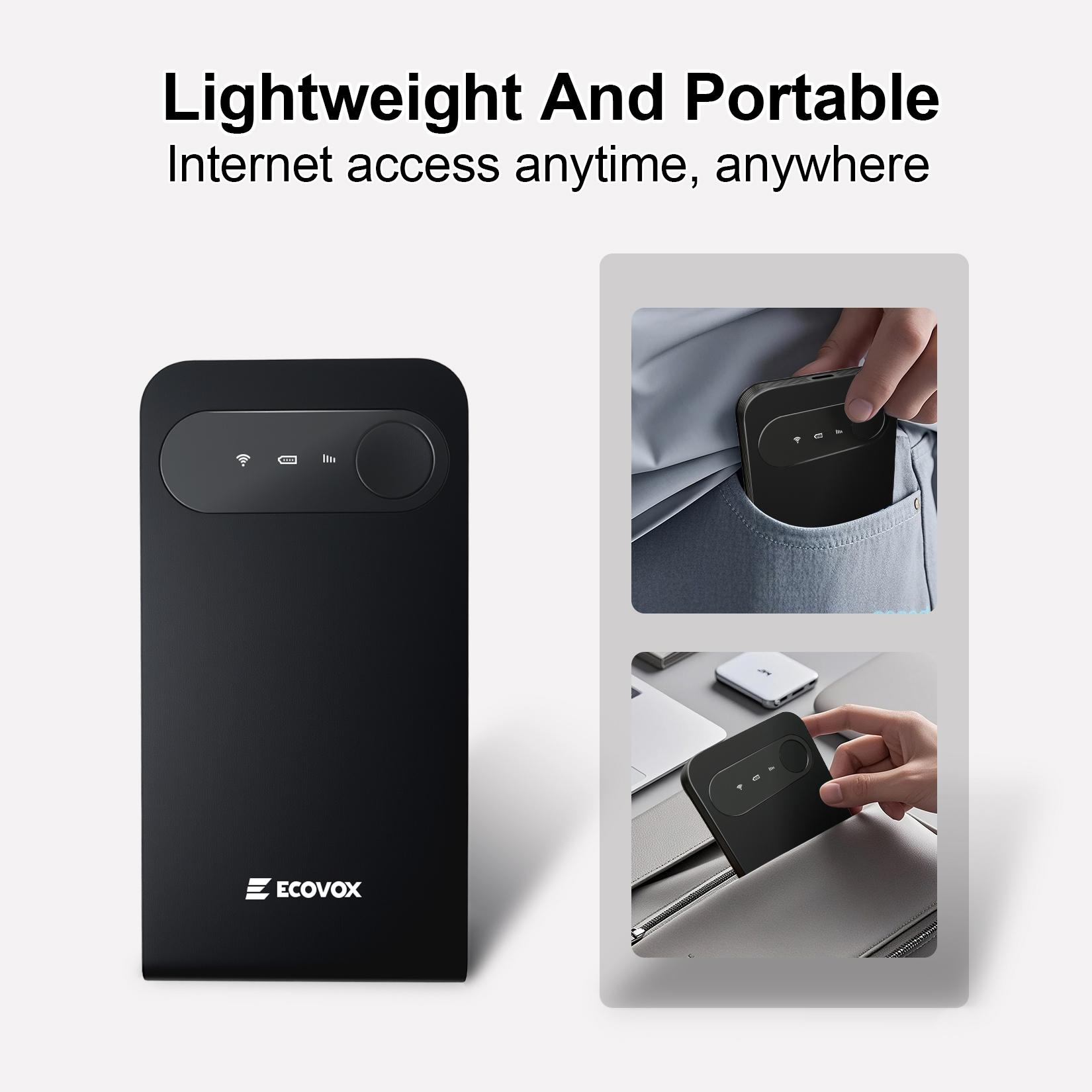 ECOVOX e1 Model 2025 Portable 4G LTE Tri-Band Global Pocket Wi-Fi Hotspot Router, Sim-Free, 802.11A, High-Speed Internet with Massive Free Data for Car/RV Travel in 120+ Countries n Mobile