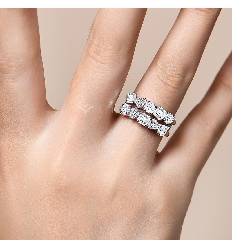 Double row sparkling Cushion&Octagon&Heart Cut Synthetic Moissanite ring D Color VVS1 for Women Wedding Band Engagement Gift Fine Jewelry R141