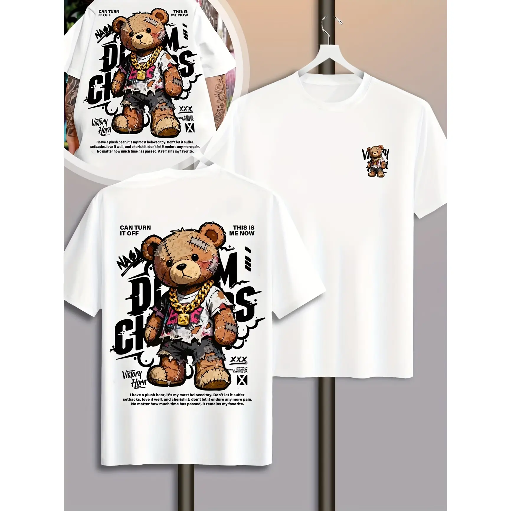 Stitched Hip Hop Teddy Bear Chain Graffiti Graphic Oversized Cotton Outfit T-Shirt, Cute Streetwear Patchwork Bear Print Comfort Fashion Casual Tee, Perfect Valentine's Day Gift For Him Her, Ideal Holiday Present For Bear Lovers Boyfriend Girlfriend Frien