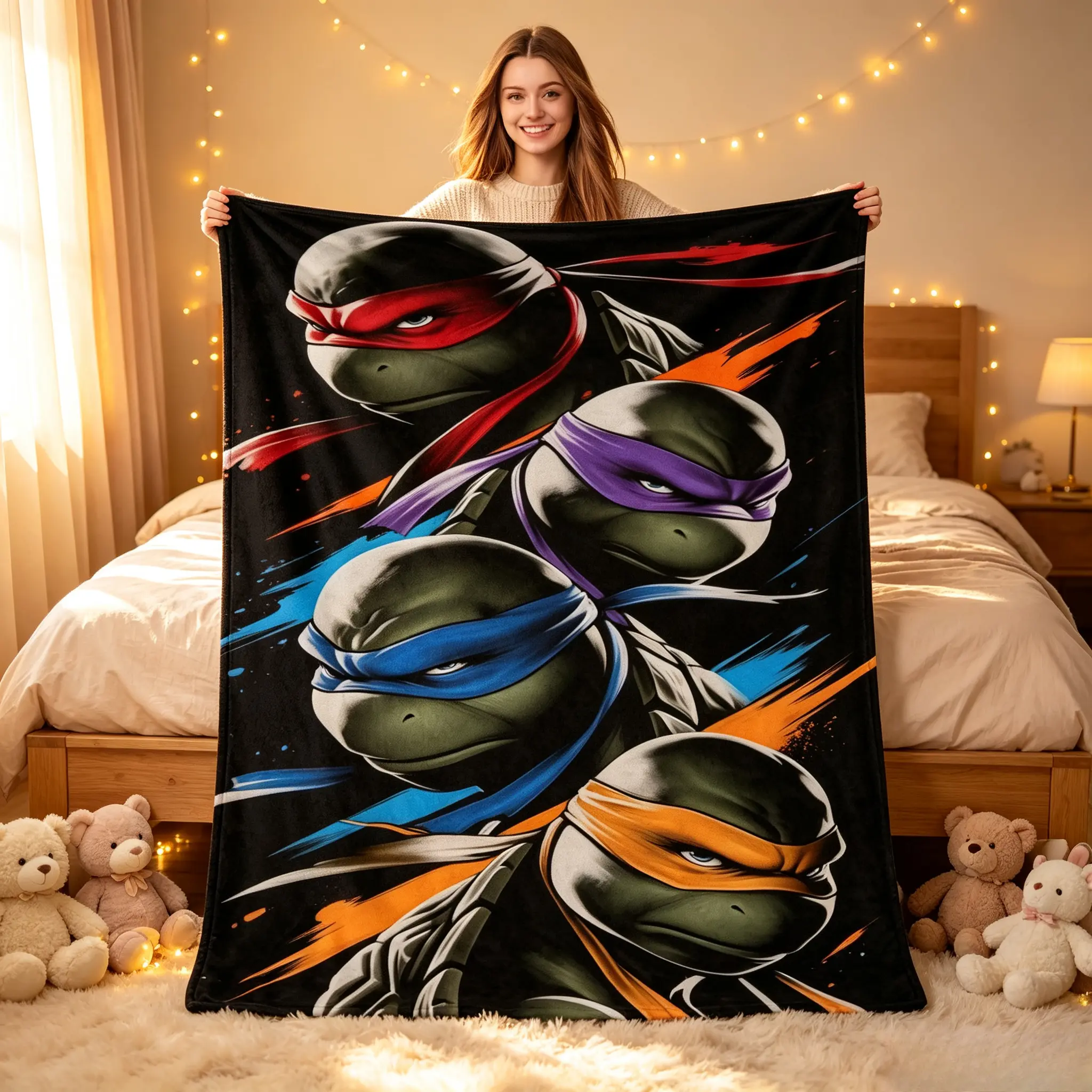 Teenage Mutant Ninja Turtles Graphic Flannel Throw Blanket, Four Turtles Color Mask Splash Art Soft Cozy Blanket, Cartoon Movie Themed Blanket For Sofa Bed Bedroom Decor, Perfect Birthday Christmas Holiday Gift For Teen Fans Kids Adults TikTok Popular