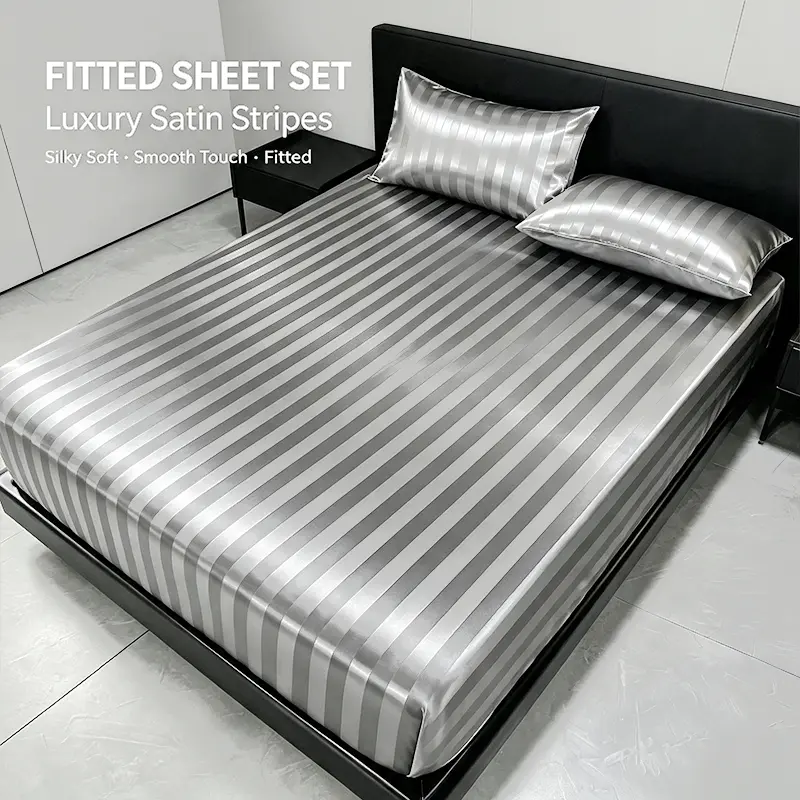 Elegant Striped Satin Bedding Fitted Sheet Set, Wrinkle‑Resistant Silky Bed Sheet with Two Pillowcases, Fashion Home Bedding for Master Bedroom Dorm Guest House