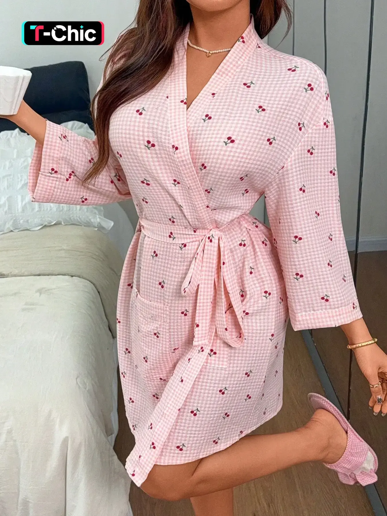 Sweet Cherry Print Women's Sleep Robe, Comfortable Textured Fabric, Belted V-Neck Design, Practical Pockets, Daily Home Wear