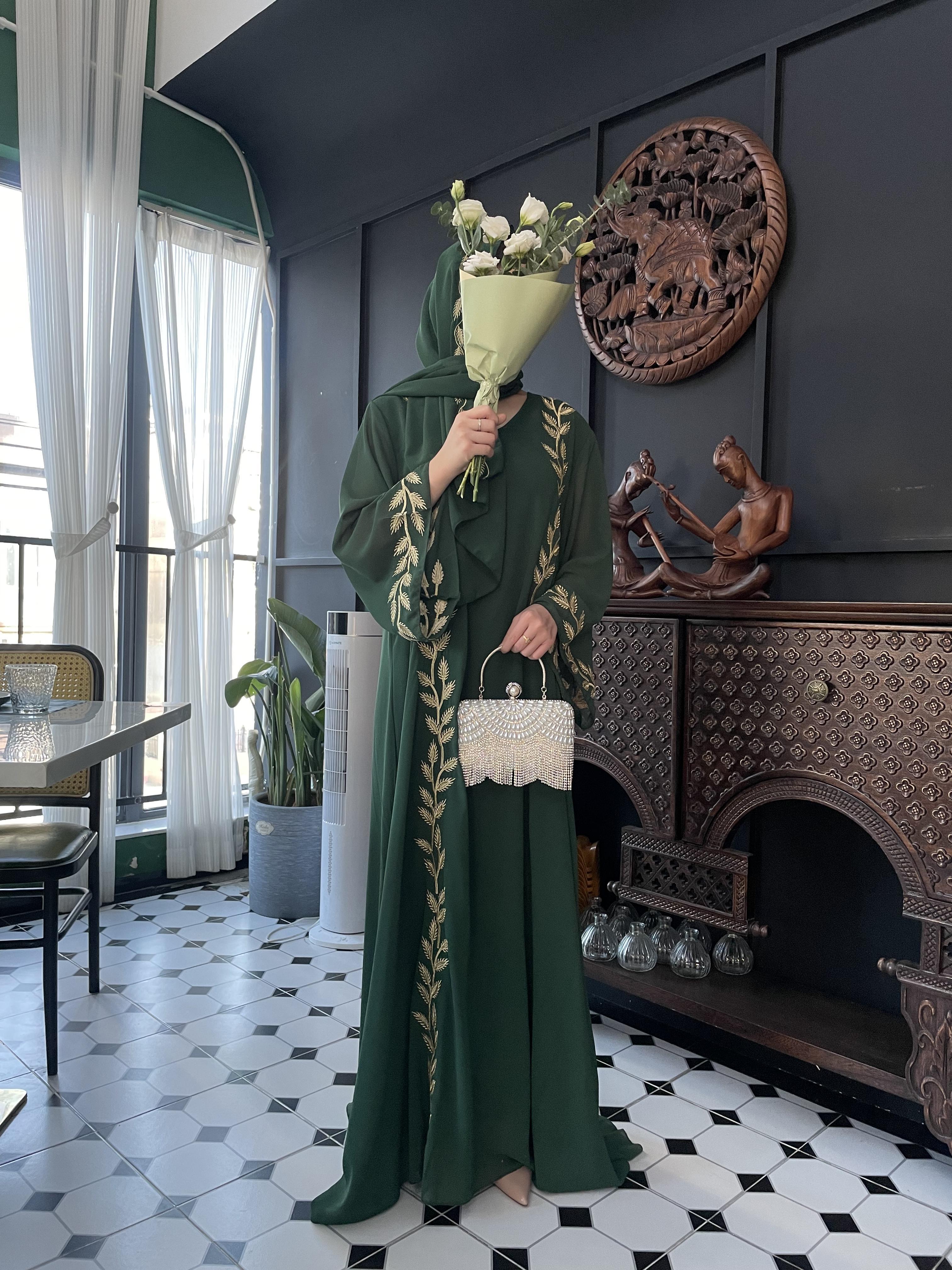 CL14 Unique and exquisite embroidery design abaya, chiffon abaya, two piece set, summer abaya,Muslim robe Modesty Maxi Formal Women Chic Beige【Fashionweek】