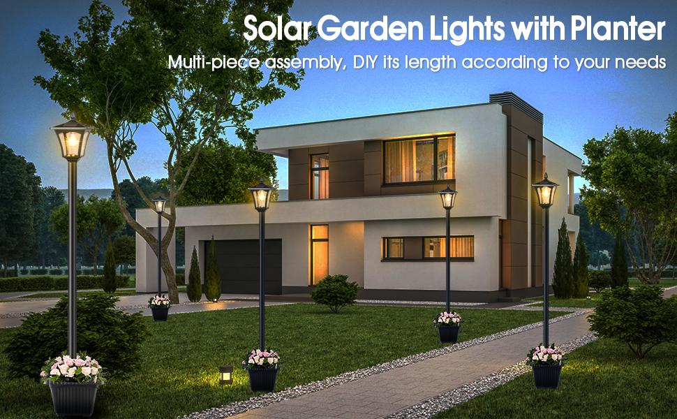 65" Solar Lamp Post Light with Planter, Glass 60 Lumens Solar Garden Lights Outdoor Waterproof Solar Pole Lights Patio Decor, Warm White