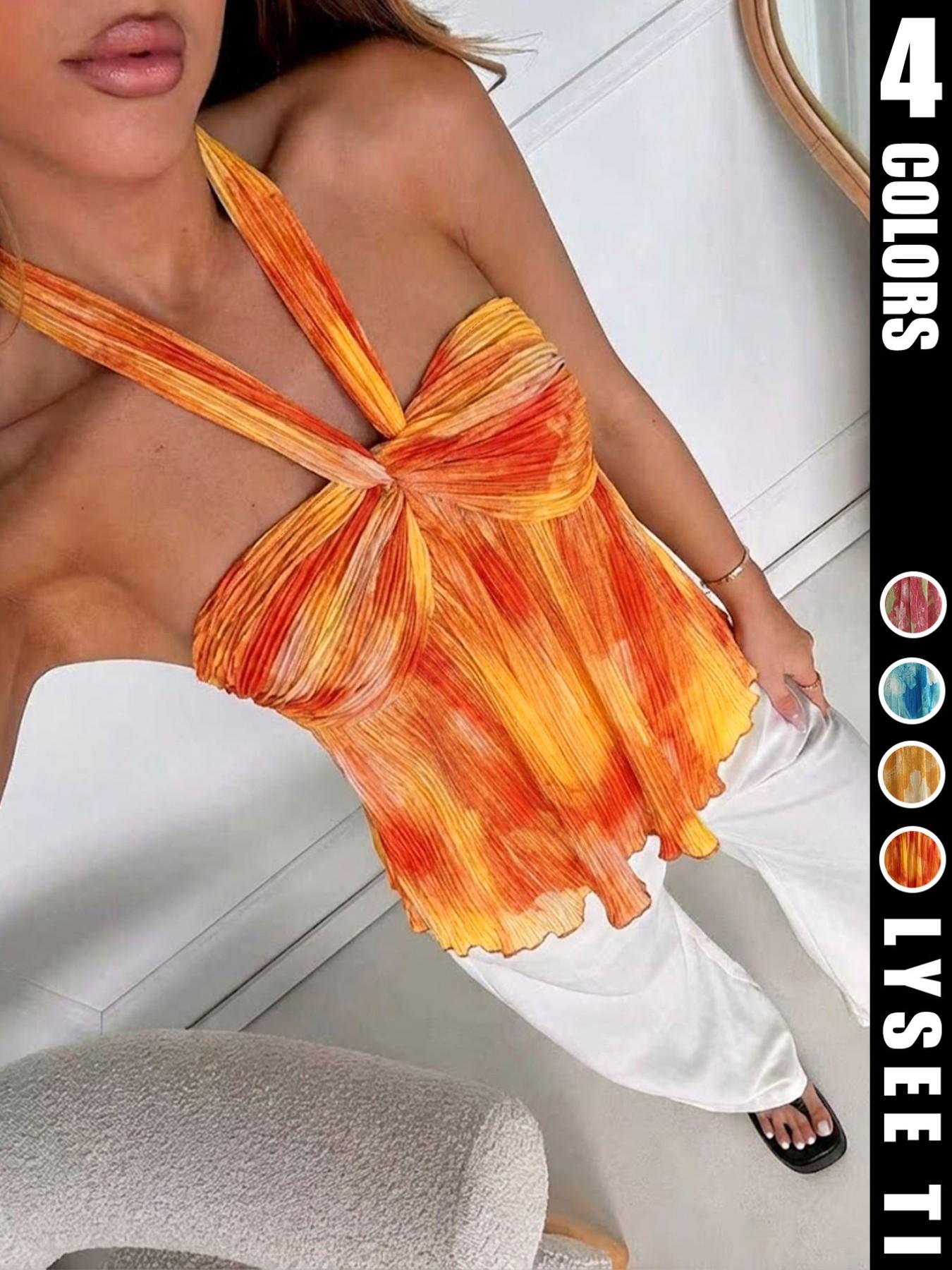 Women's Summer Sexy Vacation Gradient Color Backless Halter Top, Stylish Chic Ruched Design, Perfect for Casual Wear