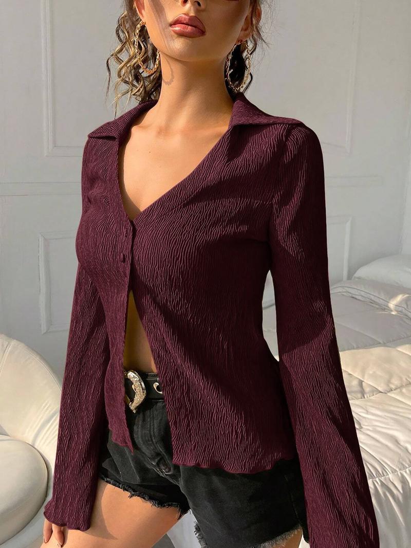 Women's Solid Color Bell Sleeve Blouses, Casual Elegant Long Sleeve Top for Daily Wear, Ladies Clothes for All Seasons