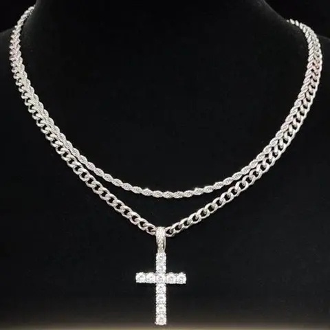Men's Stainless Steel Rope-Cuban Link Double Layer Cross Necklace - Iced Out Chunky Chain Jewelry, Clavicle Ornament for Casual Hip-Hop Concerts