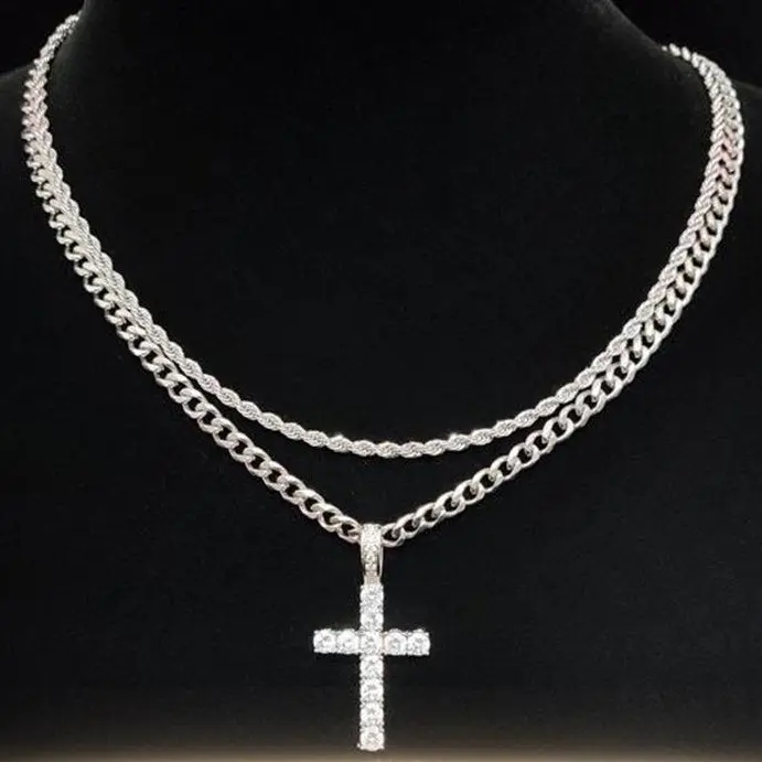 Men's Stainless Steel Rope-Cuban Link Double Layer Cross Necklace - Iced Out Chunky Chain Jewelry, Clavicle Ornament for Casual Hip-Hop Concerts