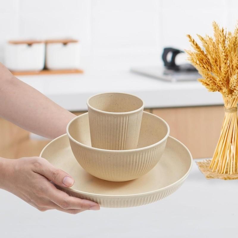 18-Piece Wheat Straw Cutlery Set, Durable Kitchenware, Dishwasher & Microwave Safe, Salad Plate, Cereal Bowl, Travel Camping Utensils, Tableware Set