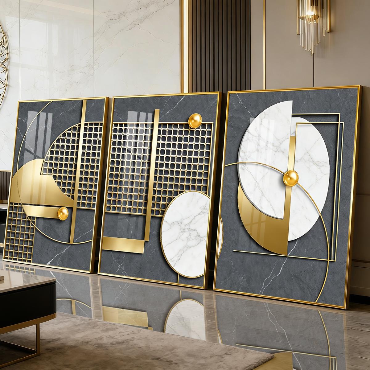 3 Counts Aluminum Alloy Framed Painting, Geometric Gold And Marble Abstract Art, Home Decoration For Living Room, Bedroom, Office, Restaurant, Hallway Wall Decor, Odorless Print Artwork, Luxury Perfect Gift For Friends And Family