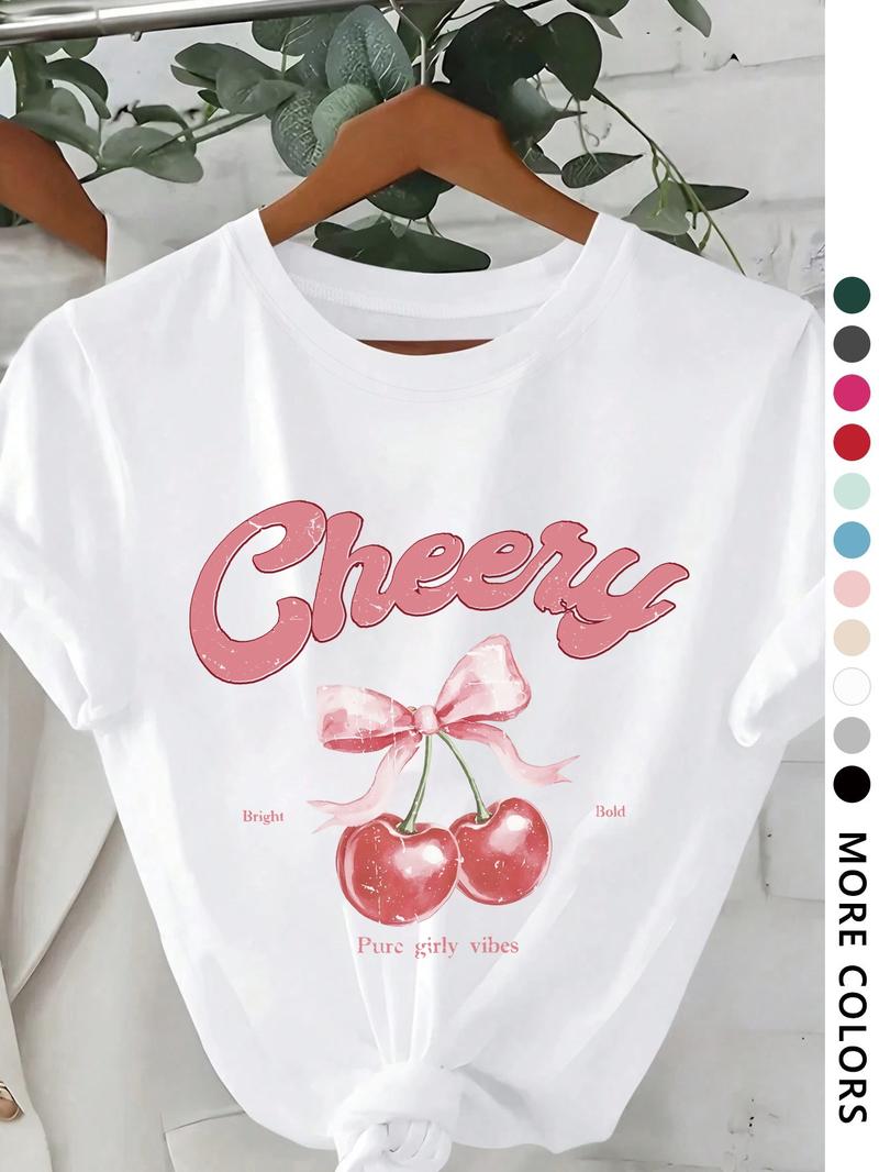 Women's Cherry & Leopard Print Round Neck Graphic Tee, Vintage Trendy Casual Short Sleeve T-shirt for Daily Wear, Ladies All Seasons Outfit, Top