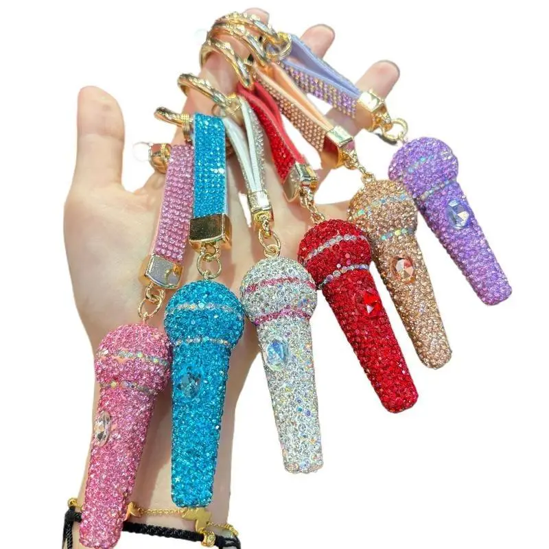 Women's Rhinestone Microphone Keychain with Wristlet Strap - Sparkling Crystal Mic Pendant for Purse & Car Fob