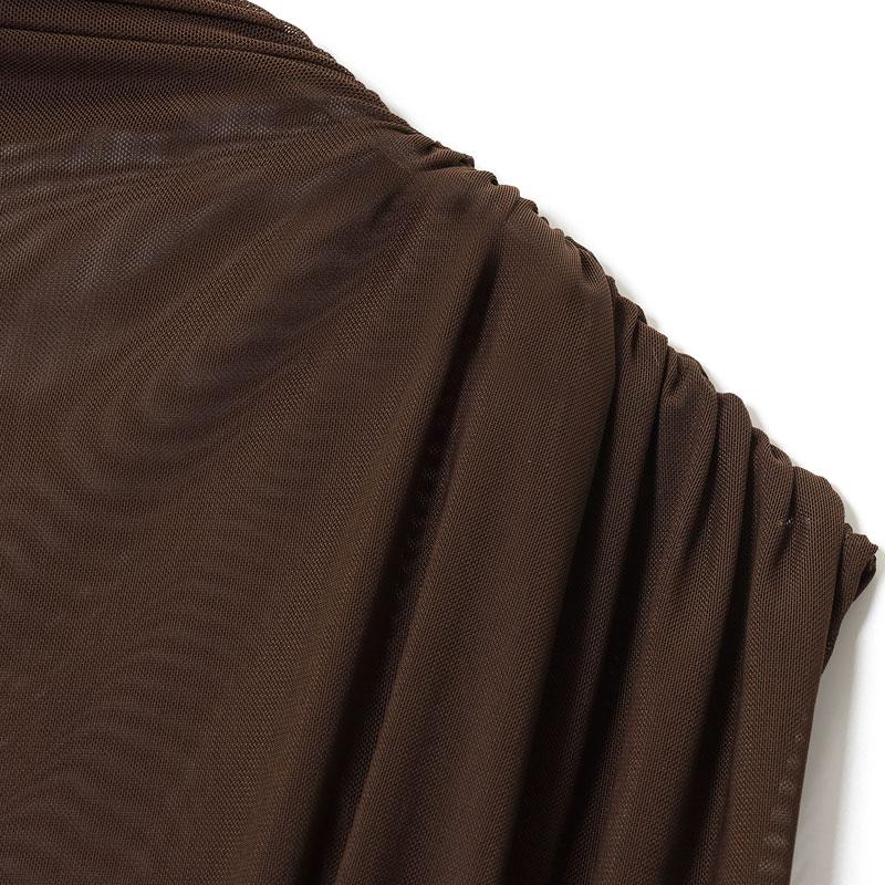 Women's Summer Long Dress Chocolate Brown Mesh Ruched Midi Dress Sleeveless Mock Neck Design Elegant Trendy 2025 new Evening Party Formal Outfit Pleated Hem Women’s Fashion Chiffon Lace Dress