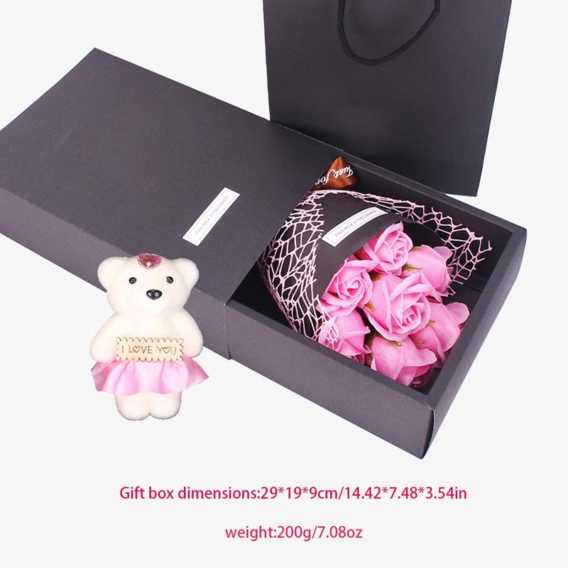 Realistic Flower Gift Box Set, Lifelike Artificial Flower, 7-Rose Bouquet with Bear Design, Creative Gift Idea for Valentine's Day, Mother's Day & Christmas