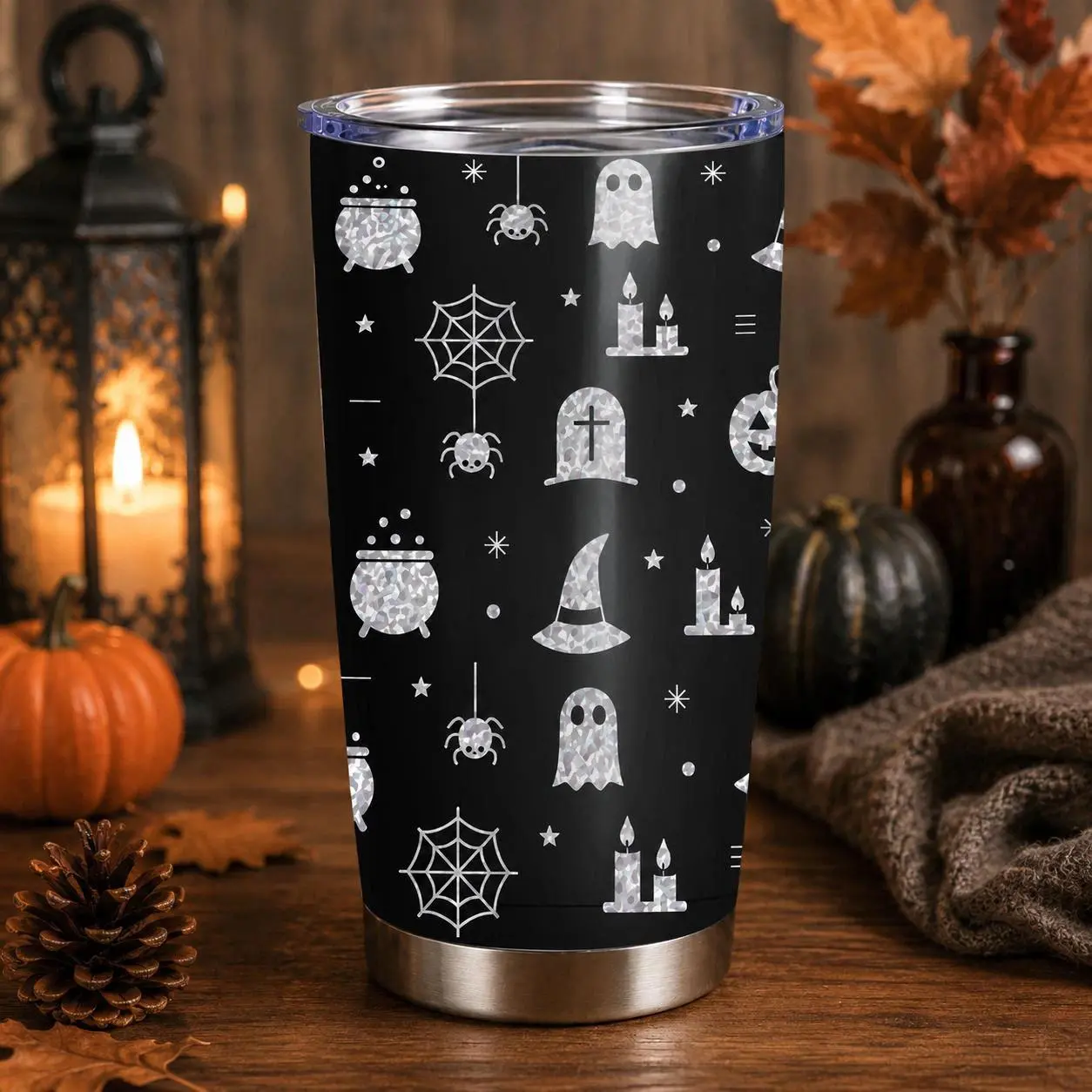 Silver Holographic Halloween 20oz Stainless Steel Tumbler: Witchy Ghost & Spider Cup Bottles Drinkware