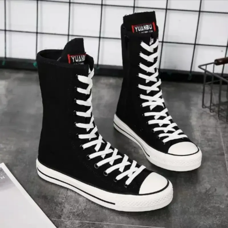 Women's Closed High-Top Canvas Footwear - Lace-Up, Side Zipper, Athletic Walking Sports Shoes for Casual Wear